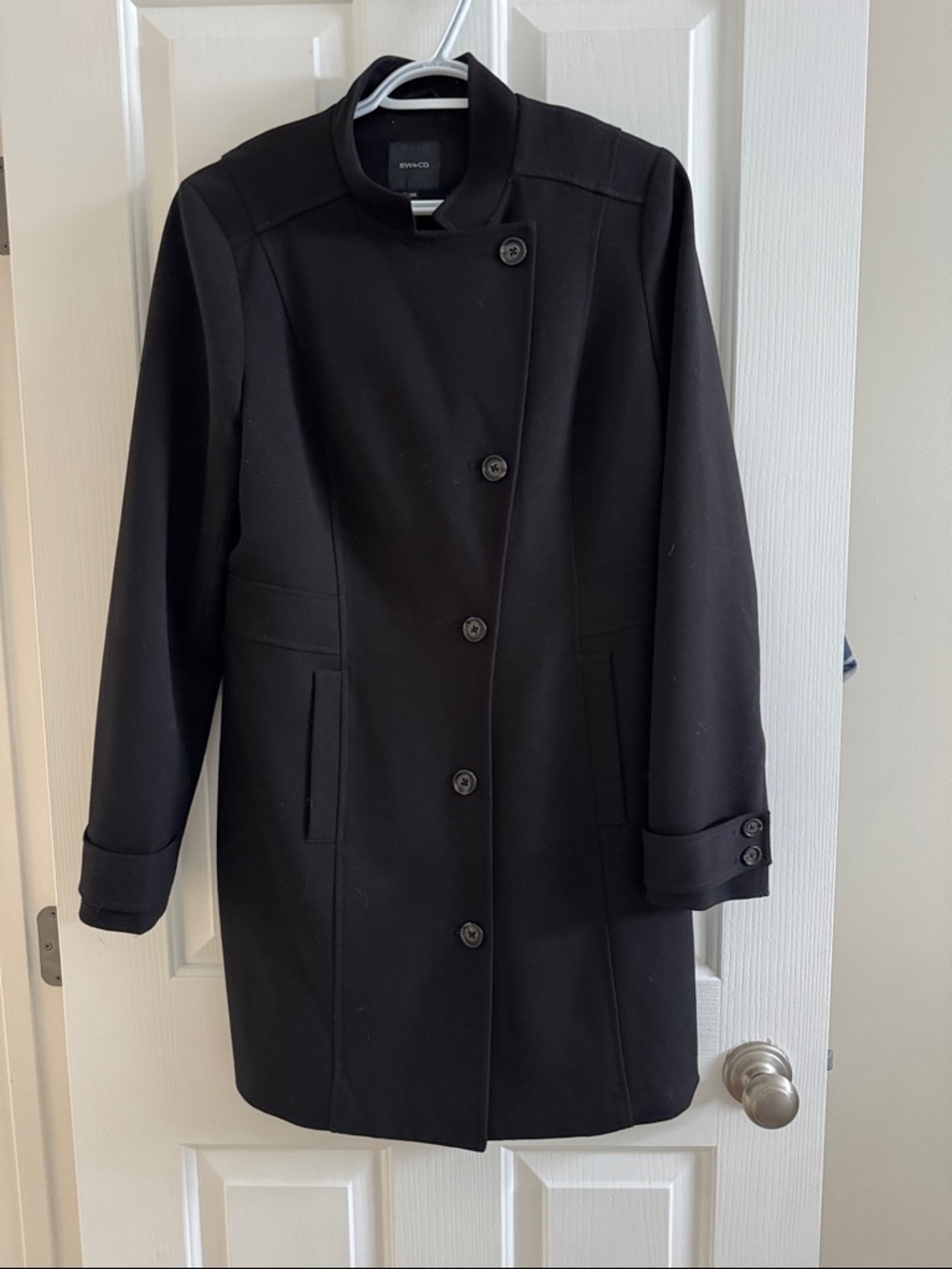 RW&CO. Black Asymmetrical Button Trench Coat in a spring fall weight lined top